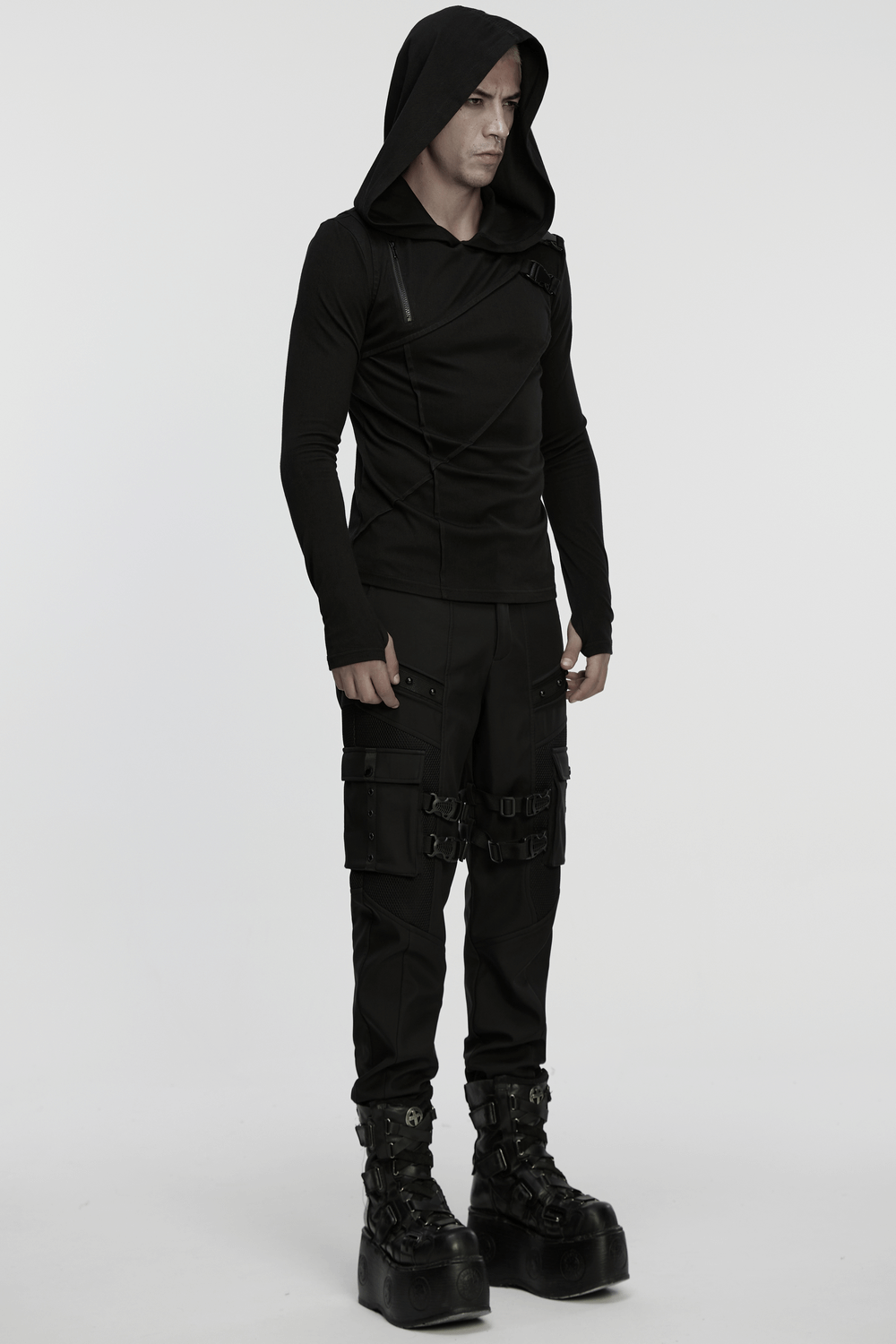 Men's Asymmetric Hoodie with Zipper and Buckle Details