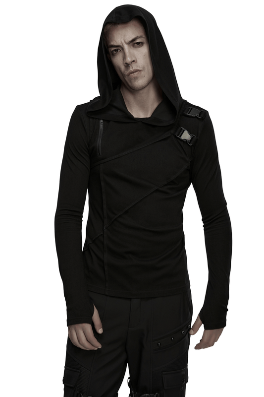 Men's Asymmetric Hoodie with Zipper and Buckle Details