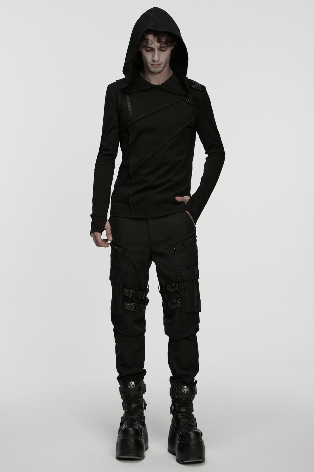 Men's Asymmetric Hoodie with Zipper and Buckle Details