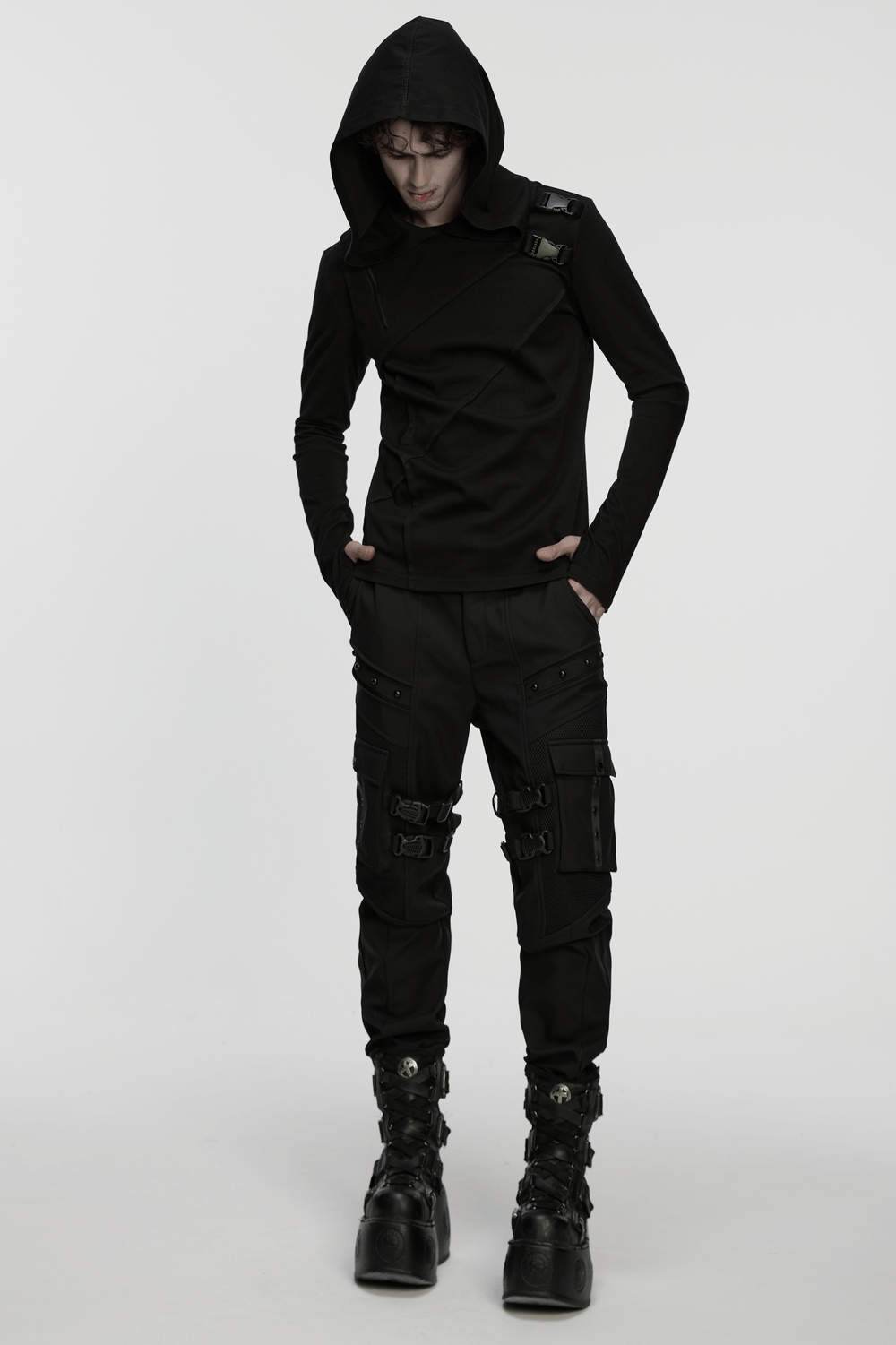 Men's Asymmetric Hoodie with Zipper and Buckle Details