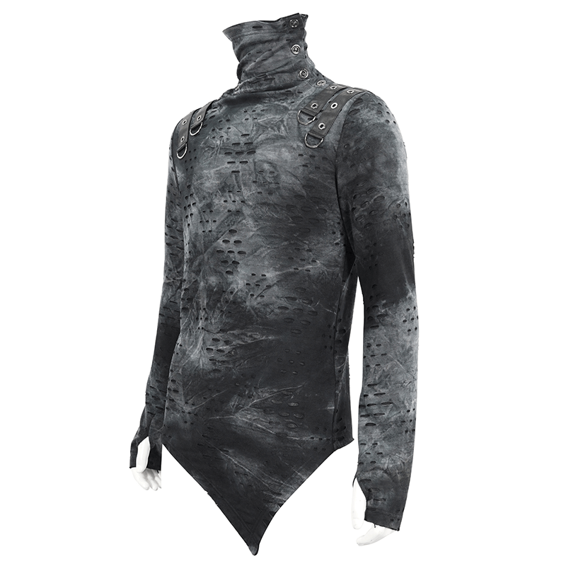 Men's Asymmetrical Textured Top with High Neck and Buckles