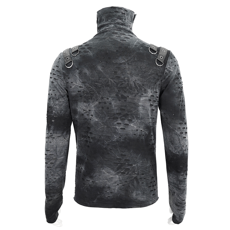 Men's Asymmetrical Textured Top with High Neck and Buckles