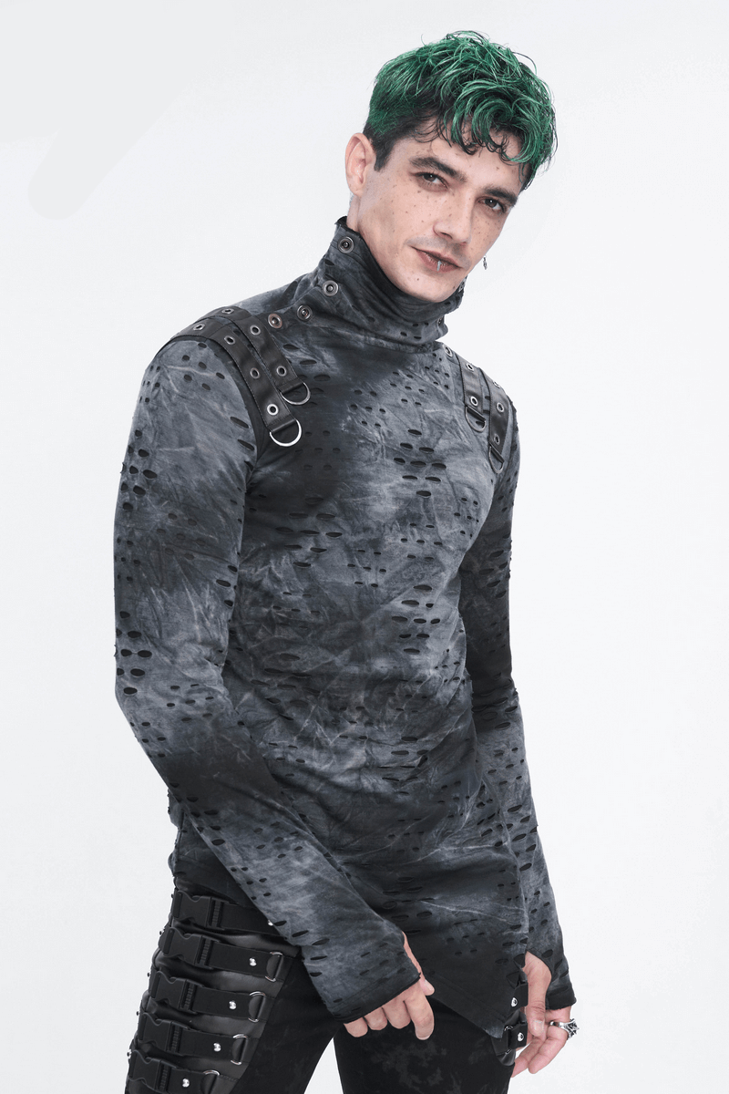 Men's Asymmetrical Textured Top with High Neck and Buckles