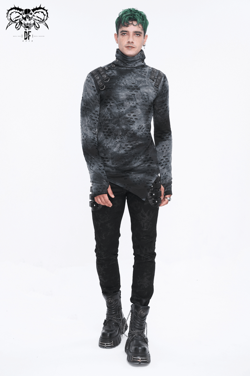 Men's Asymmetrical Textured Top with High Neck and Buckles