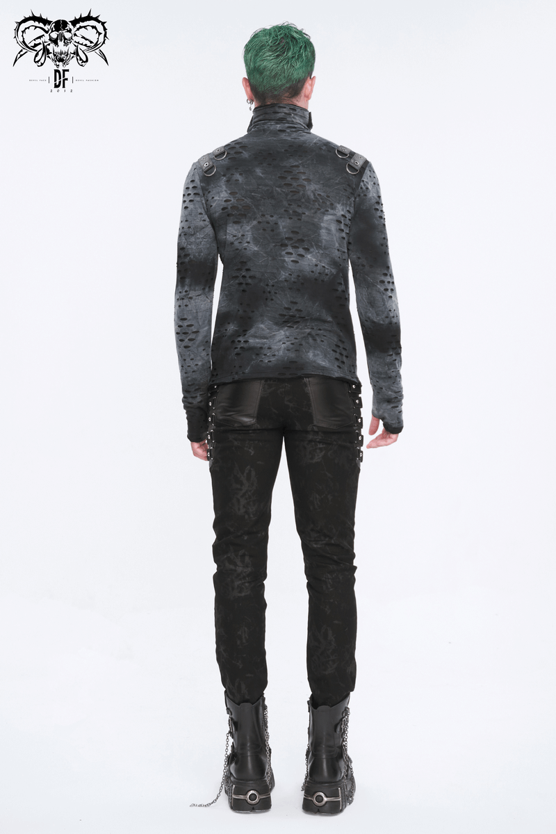 Men's Asymmetrical Textured Top with High Neck and Buckles