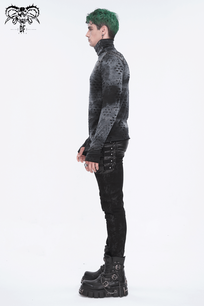 Men's Asymmetrical Textured Top with High Neck and Buckles