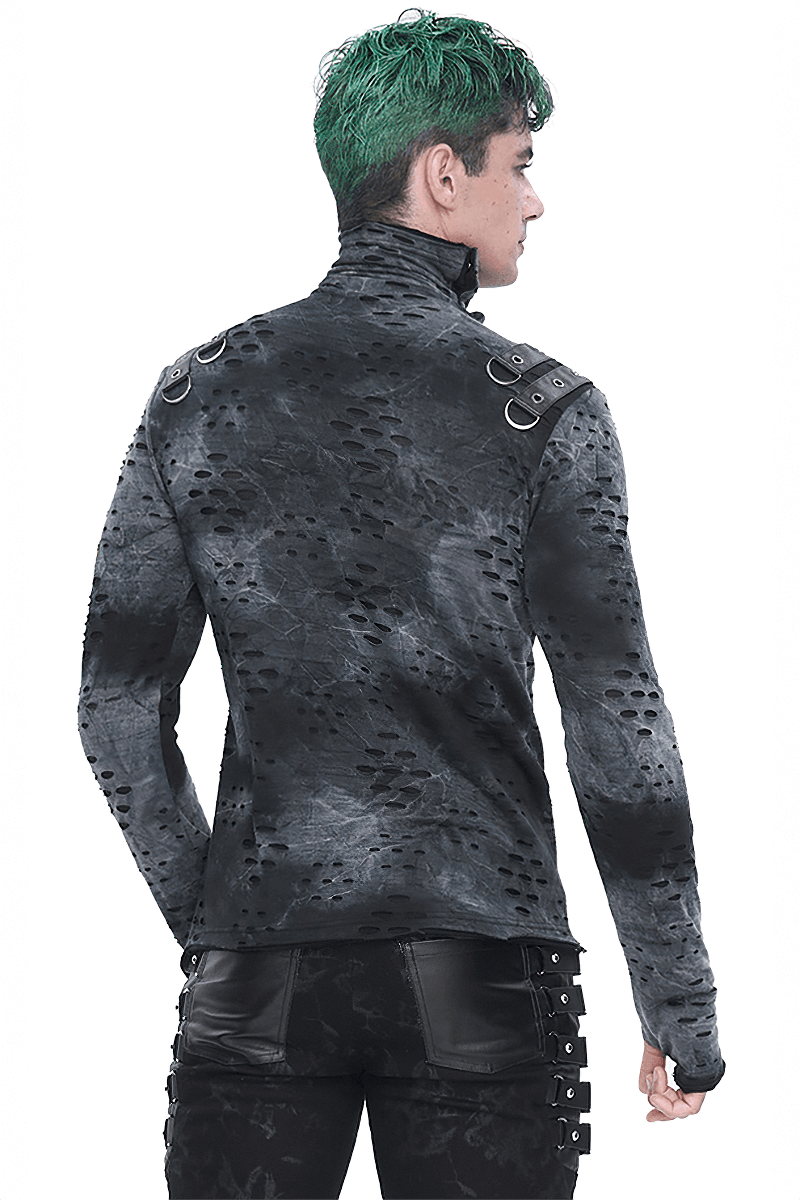 Men's Asymmetrical Textured Top with High Neck and Buckles