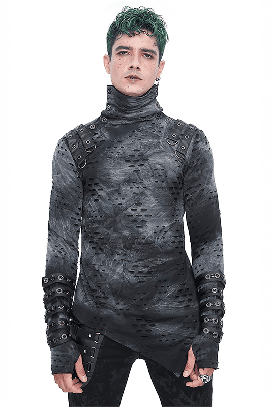 Men's Asymmetrical Textured Top with High Neck and Buckles