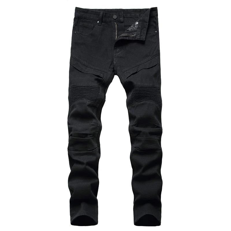 Men's Biker Jeans / Black and White Pleated Denim Pants / Slim Straight Classic Trousers