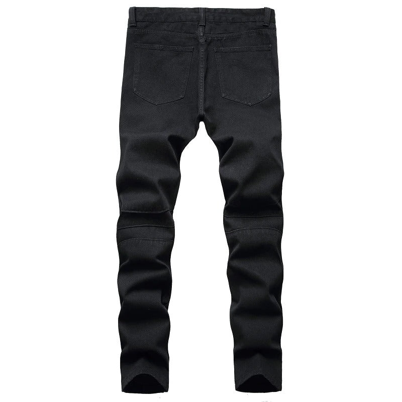 Men's Biker Jeans / Black and White Pleated Denim Pants / Slim Straight Classic Trousers