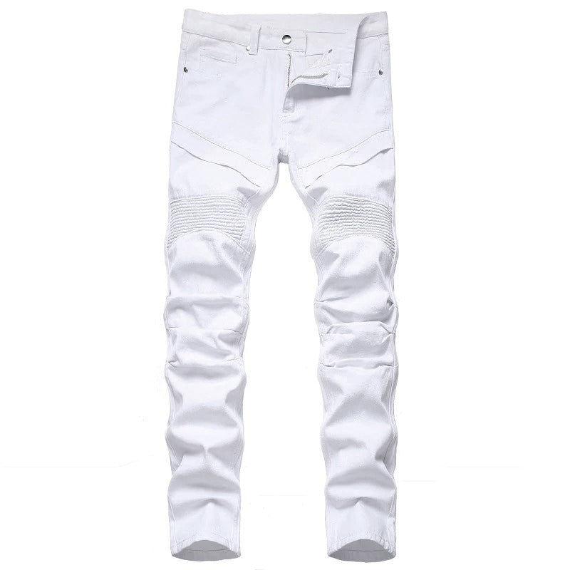 Men's Biker Jeans / Black and White Pleated Denim Pants / Slim Straight Classic Trousers