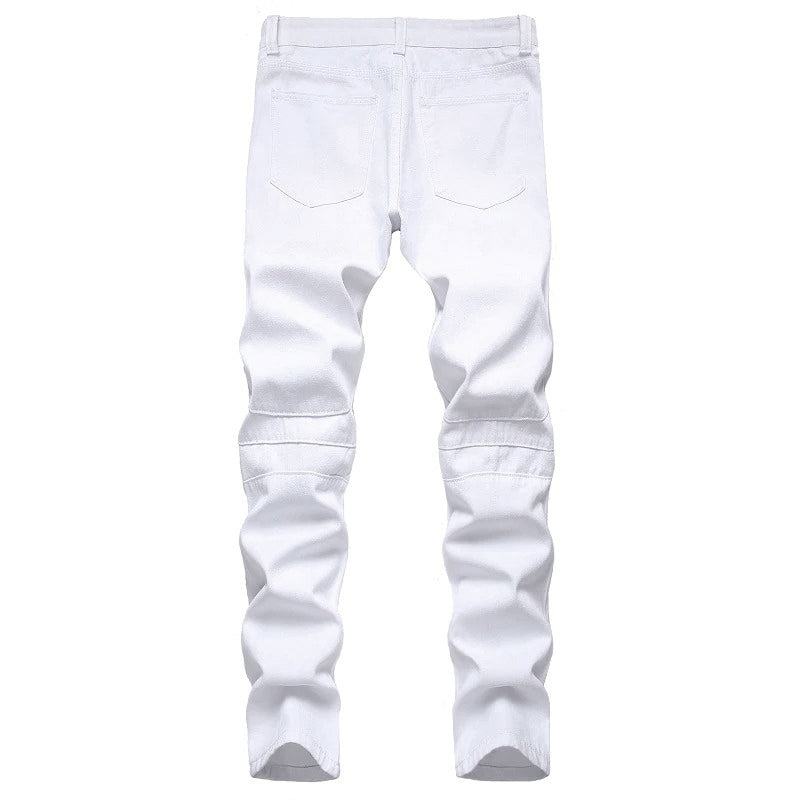 Men's Biker Jeans / Black and White Pleated Denim Pants / Slim Straight Classic Trousers