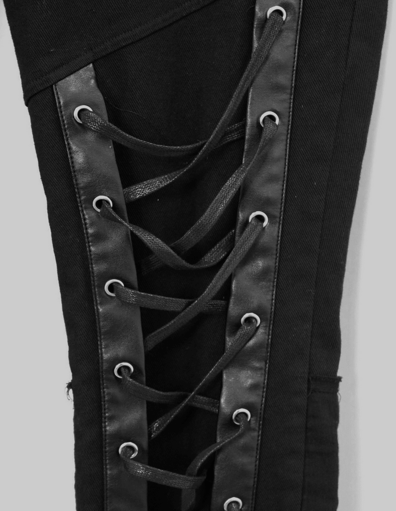 Men's Black & Asymmetric Pants with Lacing / Punk Gothic Jeans with Buckles and Studs