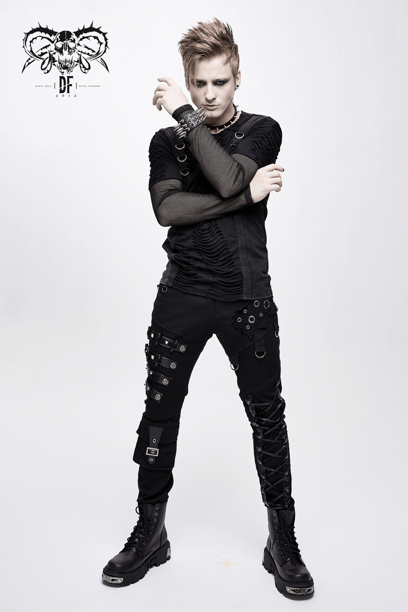Men's Black & Asymmetric Pants with Lacing / Punk Gothic Jeans with Buckles and Studs