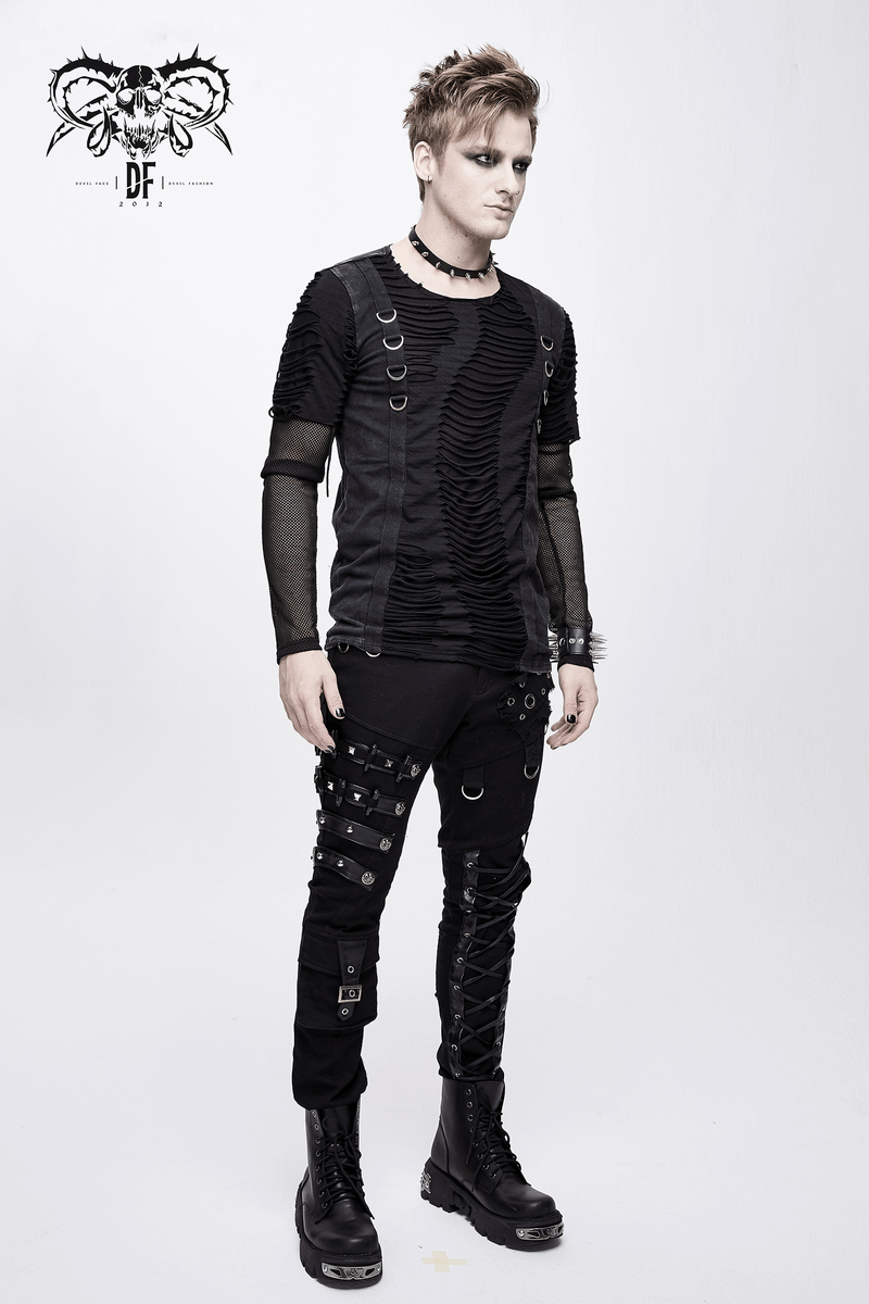 Men's Black & Asymmetric Pants with Lacing / Punk Gothic Jeans with Buckles and Studs
