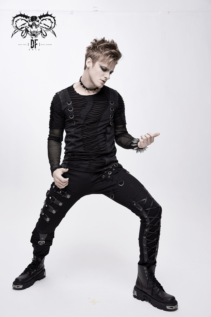 Men's Black & Asymmetric Pants with Lacing / Punk Gothic Jeans with Buckles and Studs