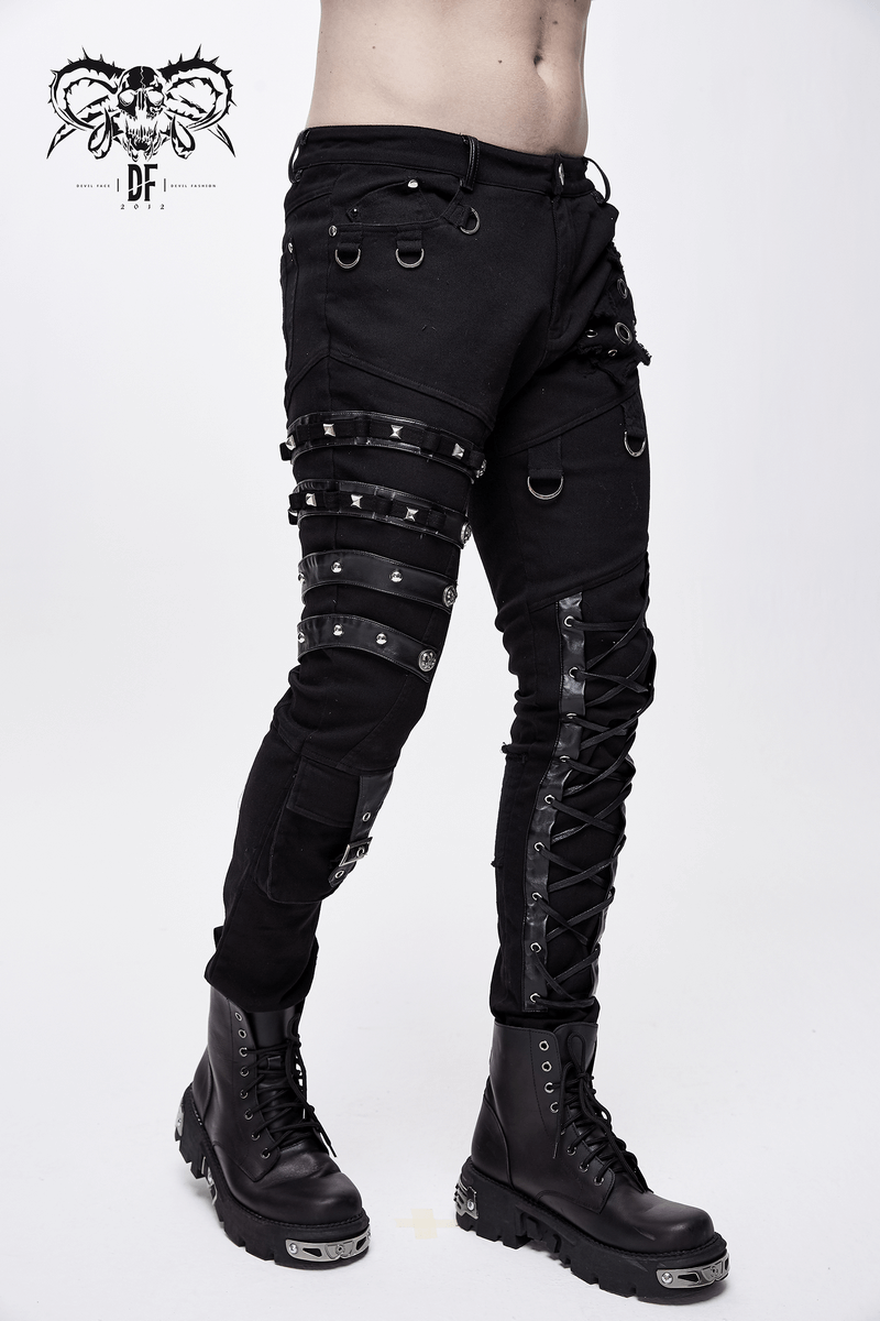 Men's Black & Asymmetric Pants with Lacing / Punk Gothic Jeans with Buckles and Studs