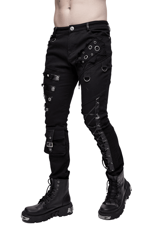 Men's Black & Asymmetric Pants with Lacing / Punk Gothic Jeans with Buckles and Studs