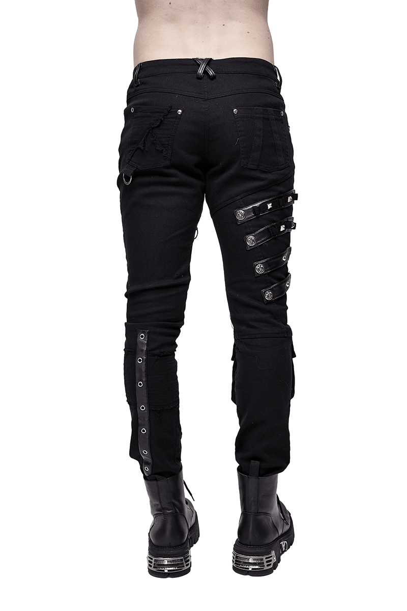 Men's Black & Asymmetric Pants with Lacing / Punk Gothic Jeans with Buckles and Studs