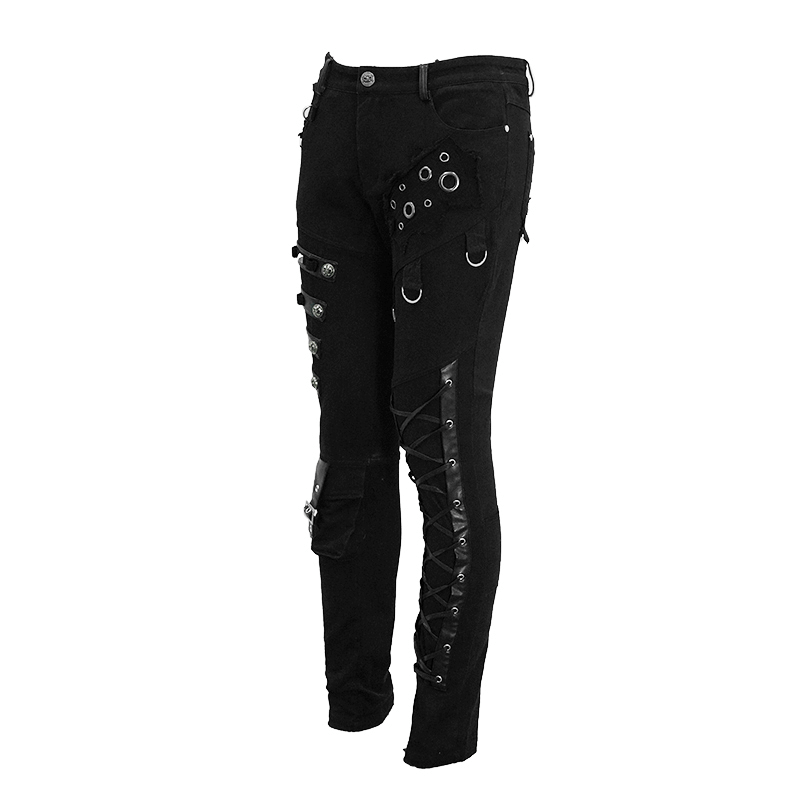Men's Black & Asymmetric Pants with Lacing / Punk Gothic Jeans with Buckles and Studs