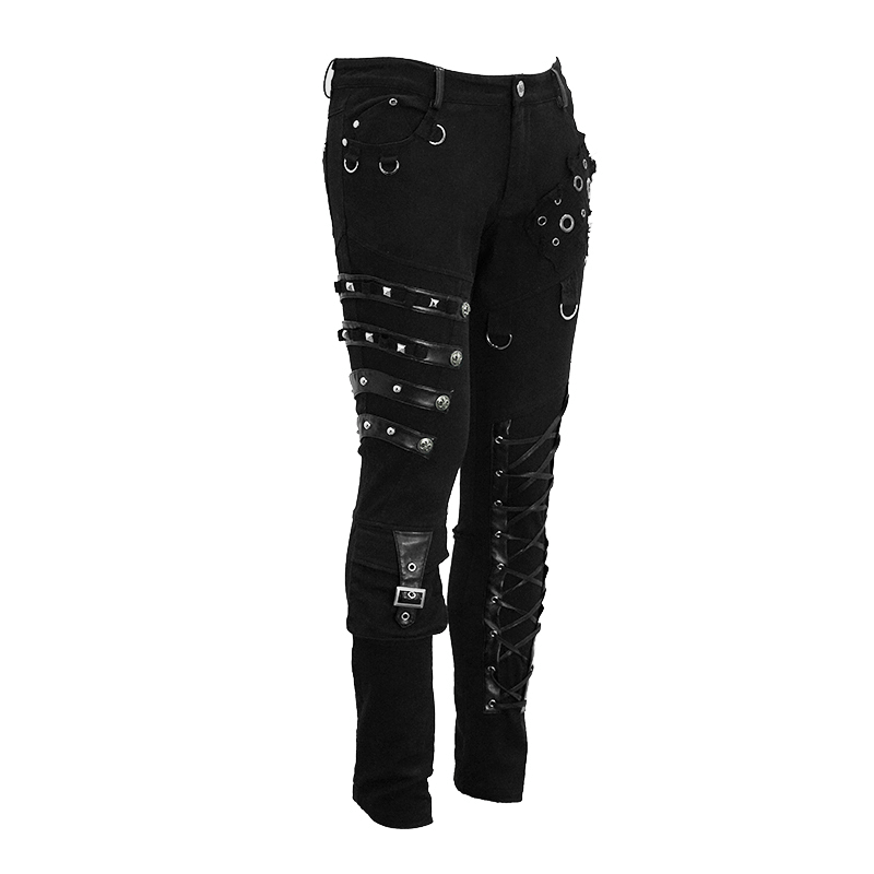 Men's Black & Asymmetric Pants with Lacing / Punk Gothic Jeans with Buckles and Studs