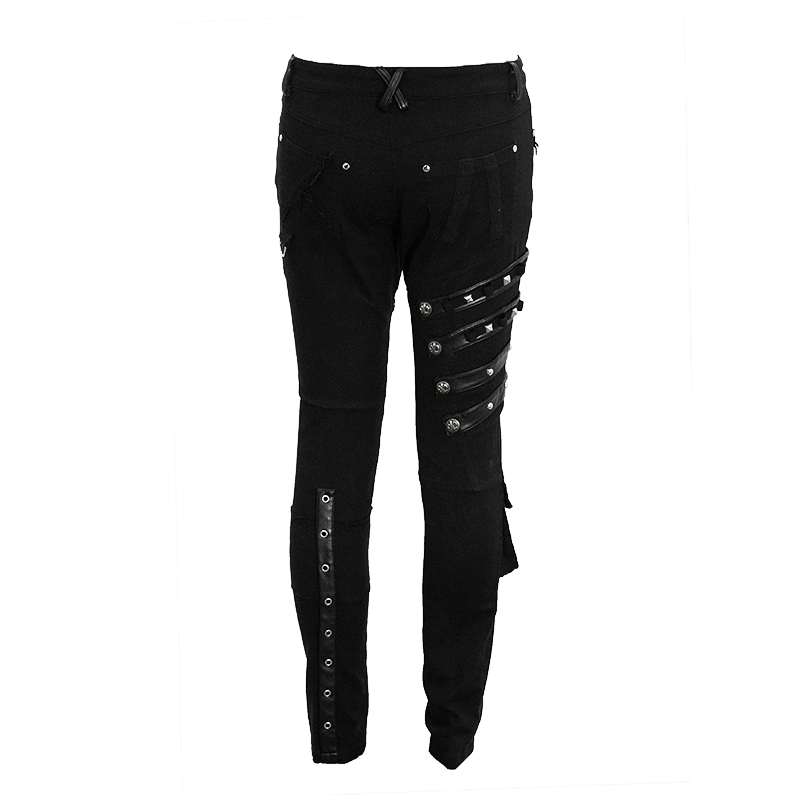 Men's Black & Asymmetric Pants with Lacing / Punk Gothic Jeans with Buckles and Studs