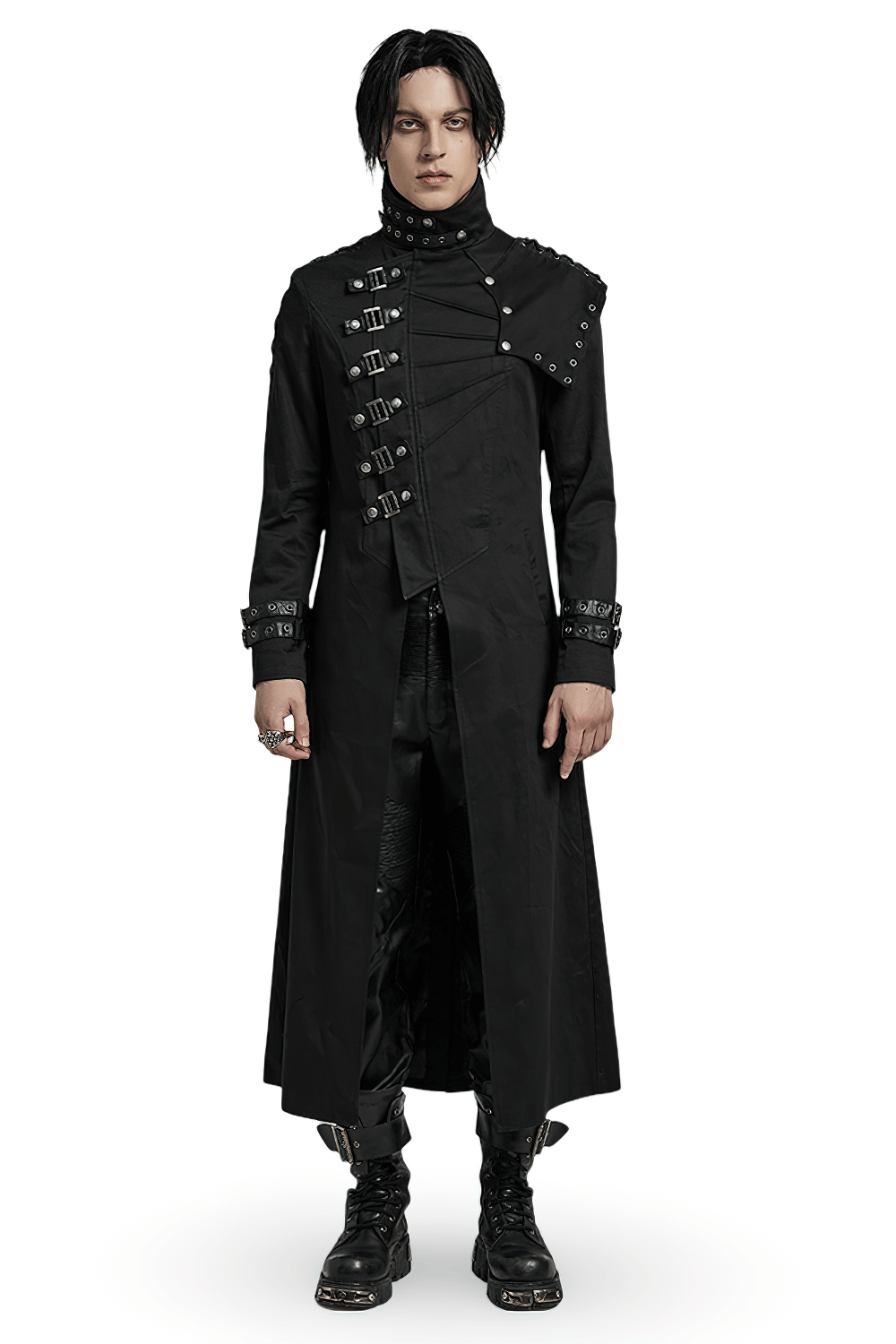 Men's Black Asymmetrical Trench Coat with Buckles