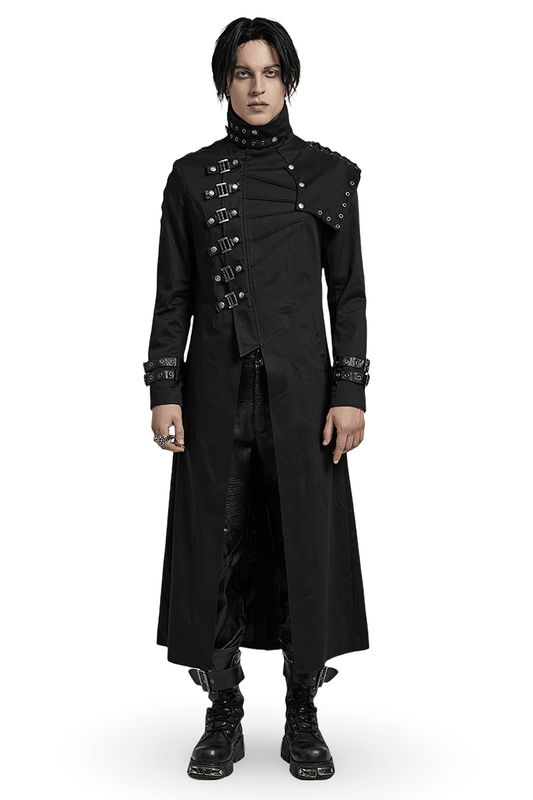 Men's Black Asymmetrical Trench Coat with Buckles
