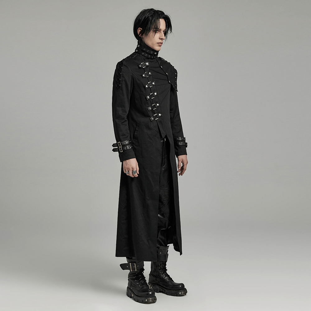 Men's Black Asymmetrical Trench Coat with Buckles
