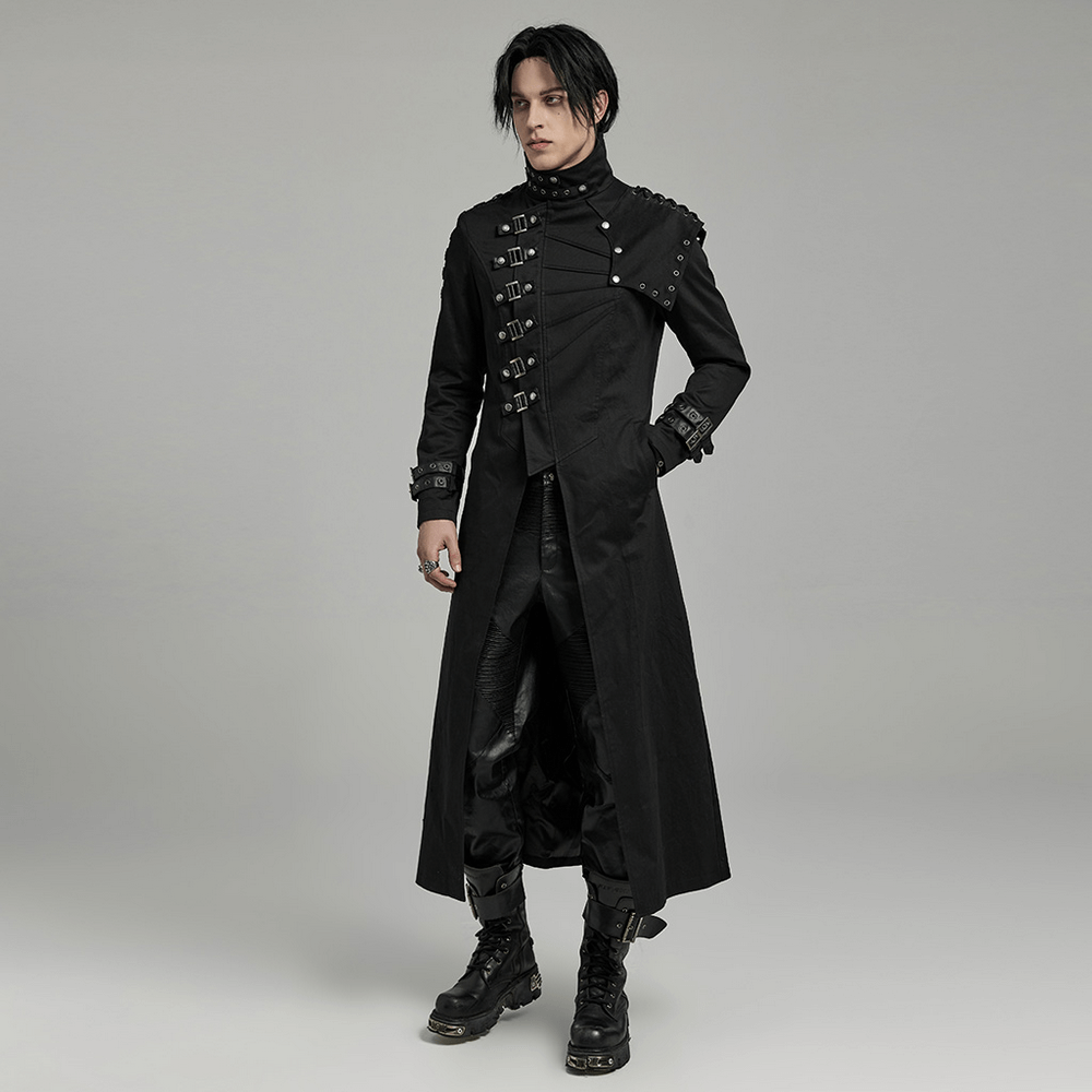 Men's Black Asymmetrical Trench Coat with Buckles