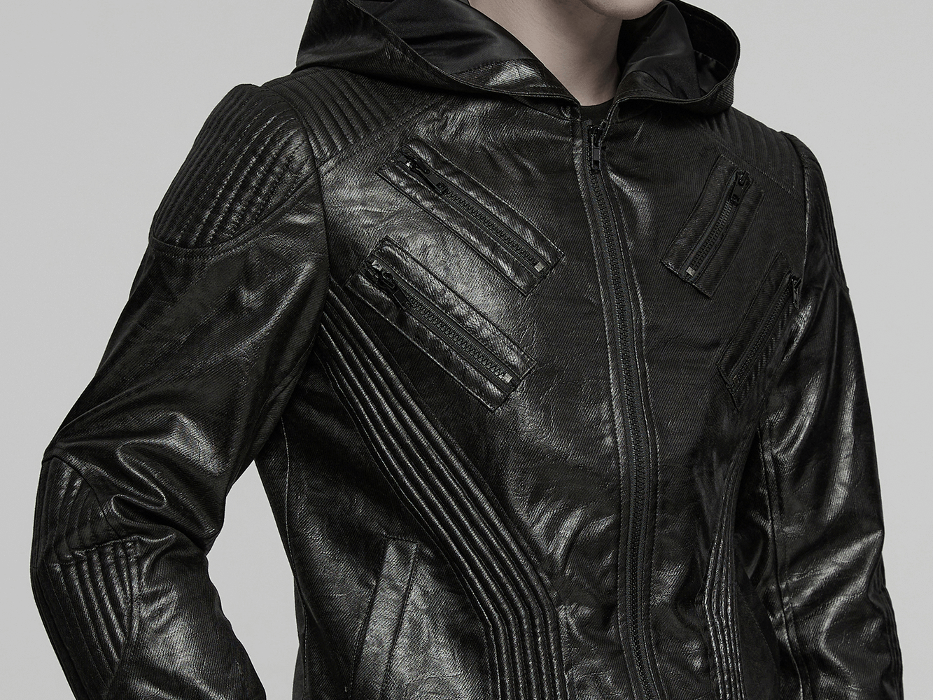 Men's Black Gothic Hooded Faux Leather Long Jacket