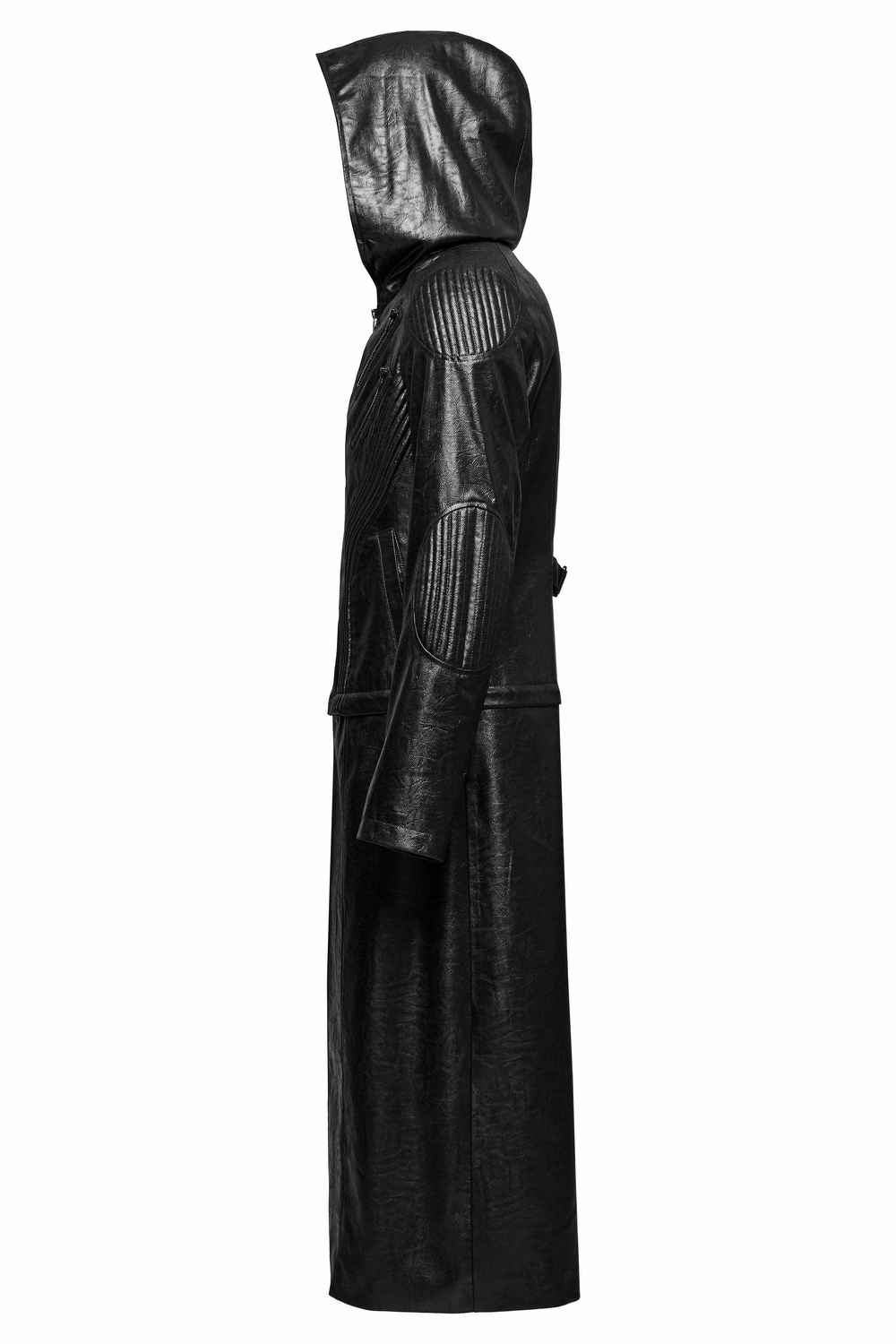 Men's Black Gothic Hooded Faux Leather Long Jacket