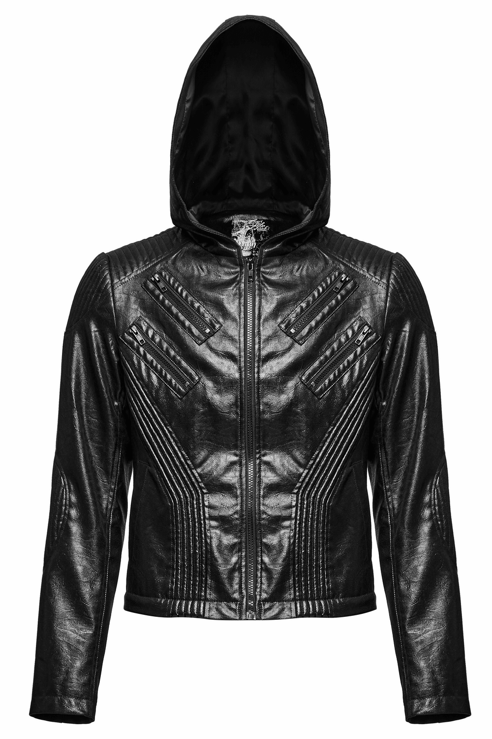 Men's Black Gothic Hooded Faux Leather Long Jacket