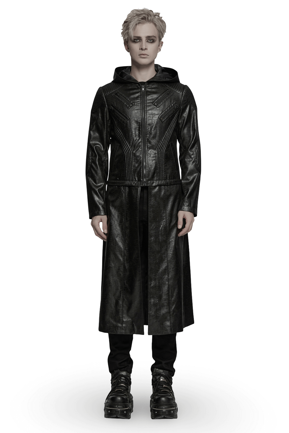 Men's Black Gothic Hooded Faux Leather Long Jacket