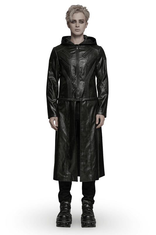Men's Black Gothic Hooded Faux Leather Long Jacket