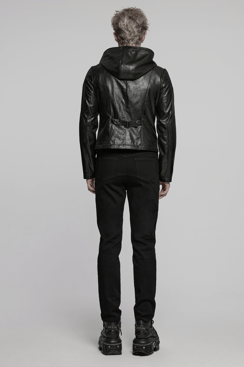 Men's Black Gothic Hooded Faux Leather Long Jacket