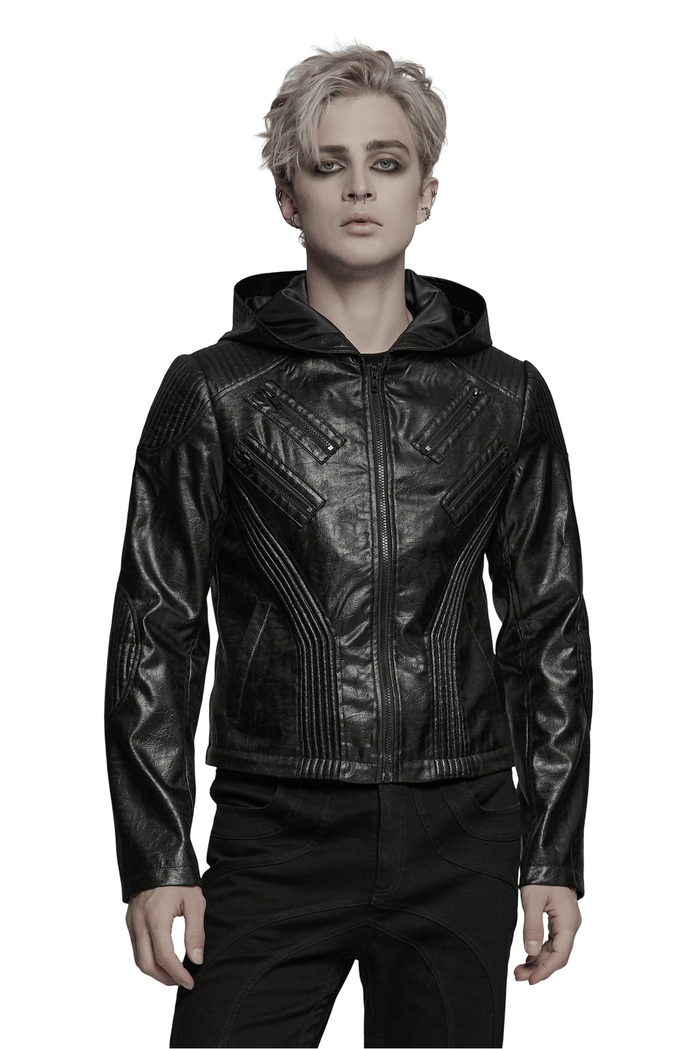 Men's Black Gothic Hooded Faux Leather Long Jacket