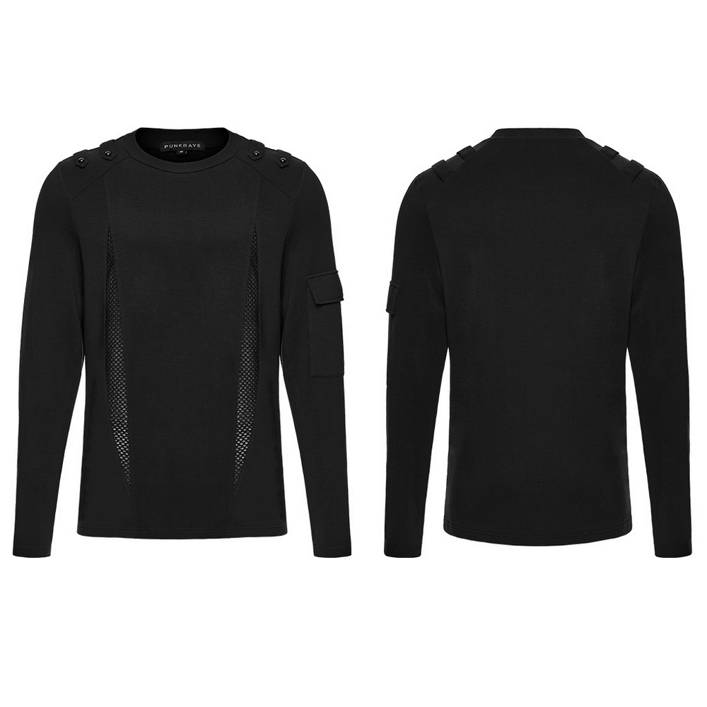 Men's Black Gothic Long-Sleeved Top with Mesh Panels