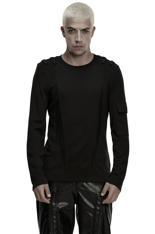 Men's Black Gothic Long-Sleeved Top with Mesh Panels
