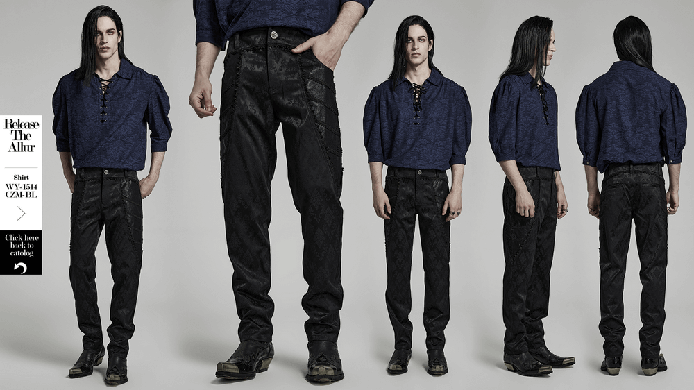 Men's Black Jacquard Lace-Trim Designer Pants