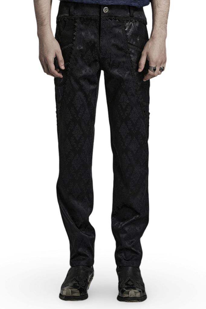 Men's Black Jacquard Lace-Trim Designer Pants