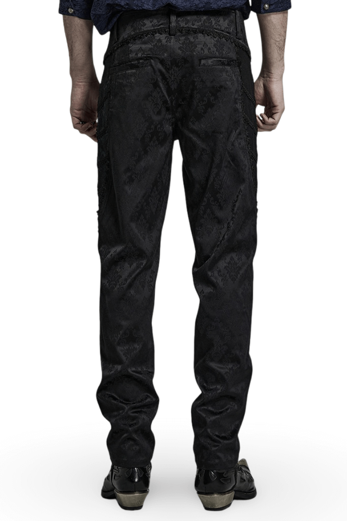 Men's Black Jacquard Lace-Trim Designer Pants