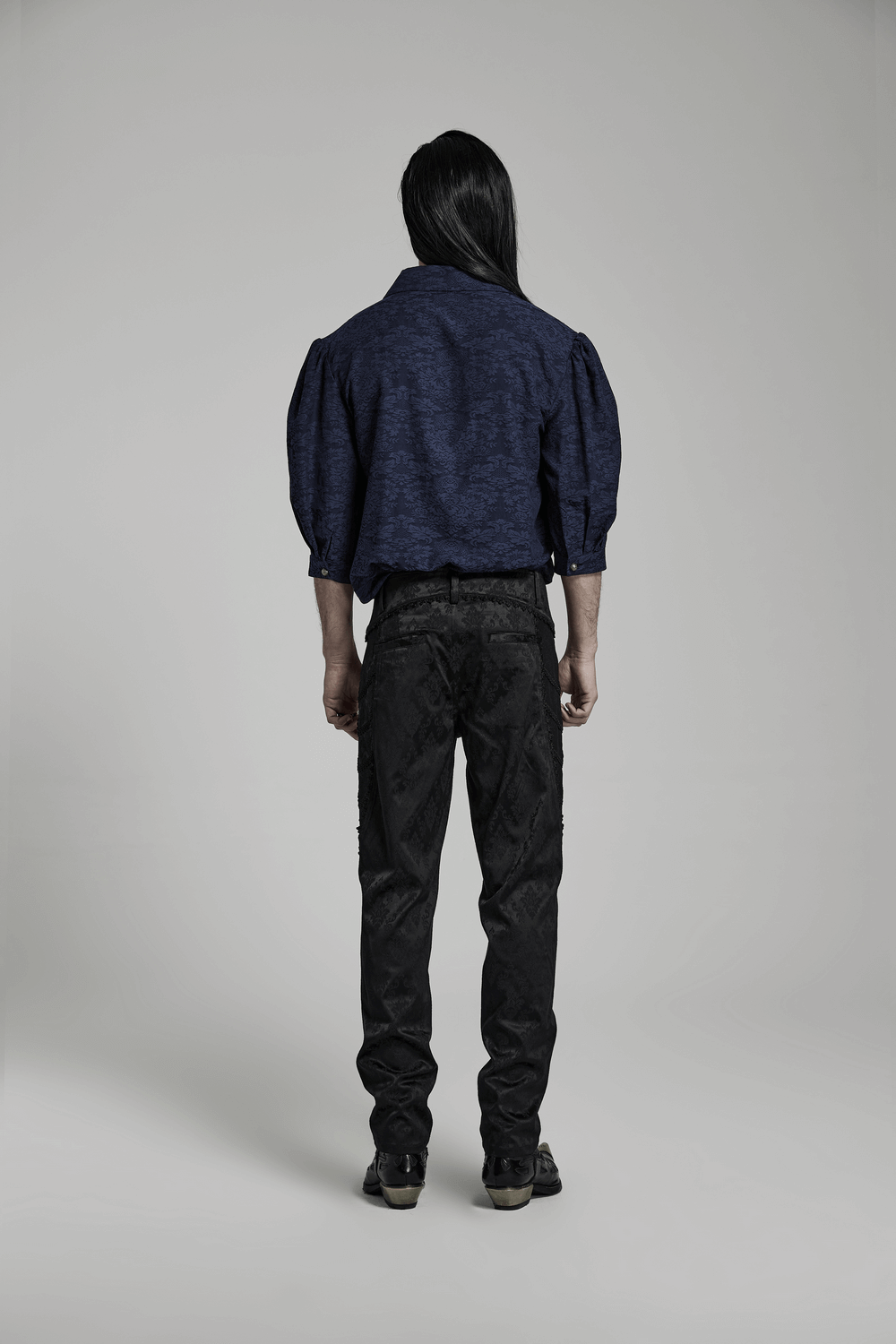 Men's Black Jacquard Lace-Trim Designer Pants