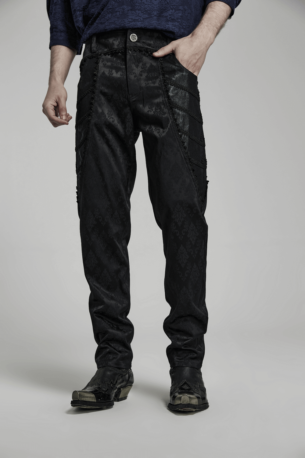 Men's Black Jacquard Lace-Trim Designer Pants