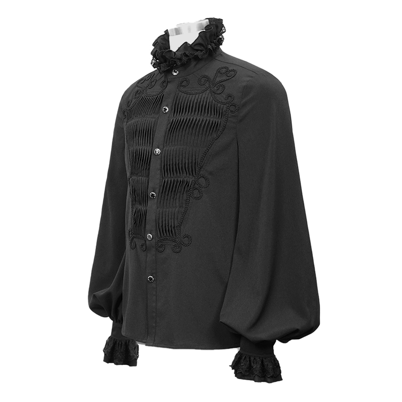 Men's Black Long Sleeve Shirt in Gothic Style / Vintage Male Shirt with Lace on Collar and Cuffs