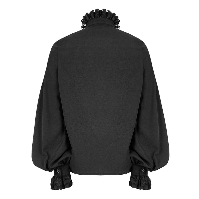 Men's Black Long Sleeve Shirt in Gothic Style / Vintage Male Shirt with Lace on Collar and Cuffs