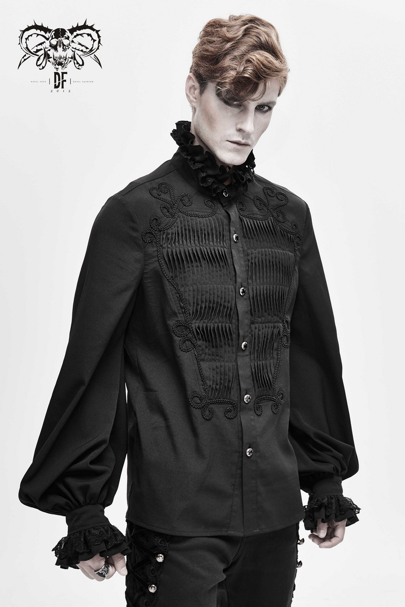 Men's Black Long Sleeve Shirt in Gothic Style / Vintage Male Shirt with Lace on Collar and Cuffs