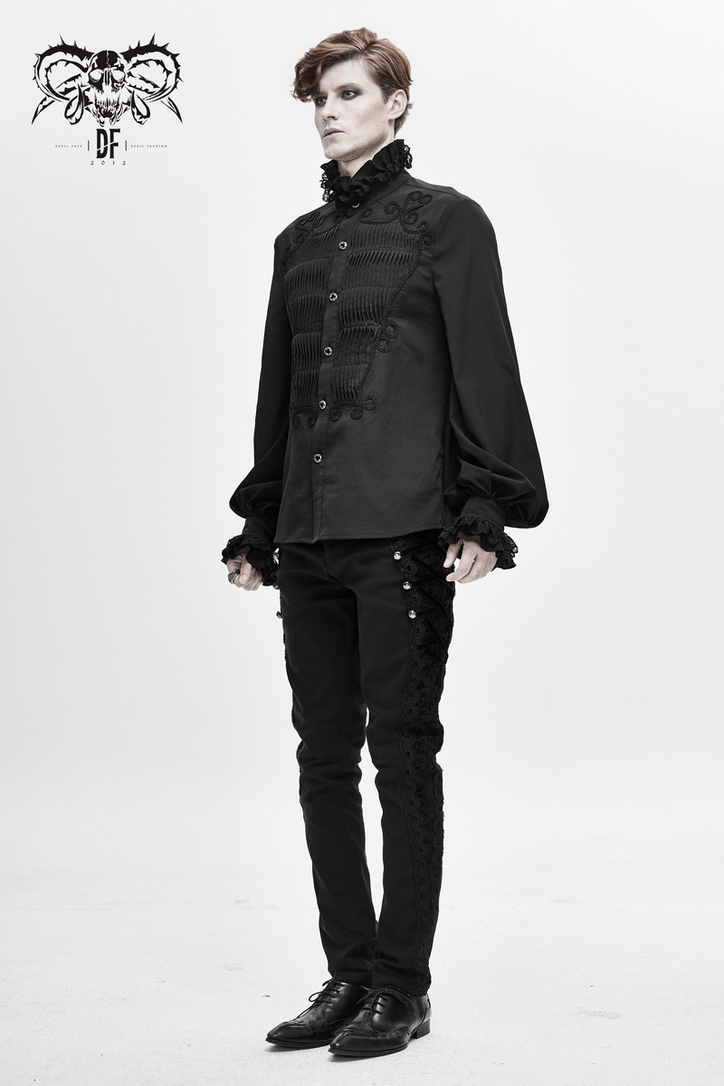 Men's Black Long Sleeve Shirt in Gothic Style / Vintage Male Shirt with Lace on Collar and Cuffs