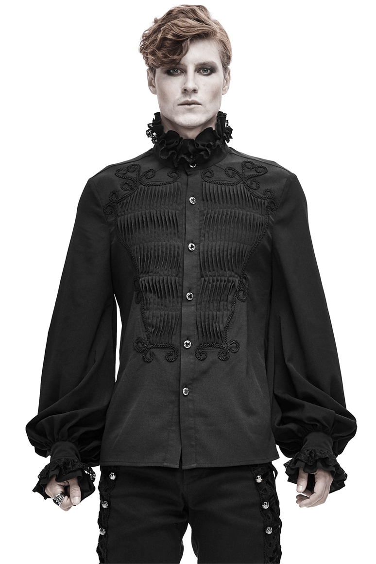 Men's Black Long Sleeve Shirt in Gothic Style / Vintage Male Shirt with Lace on Collar and Cuffs