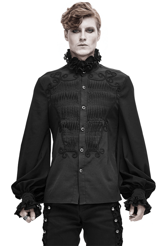Men's Black Long Sleeve Shirt in Gothic Style / Vintage Male Shirt with Lace on Collar and Cuffs